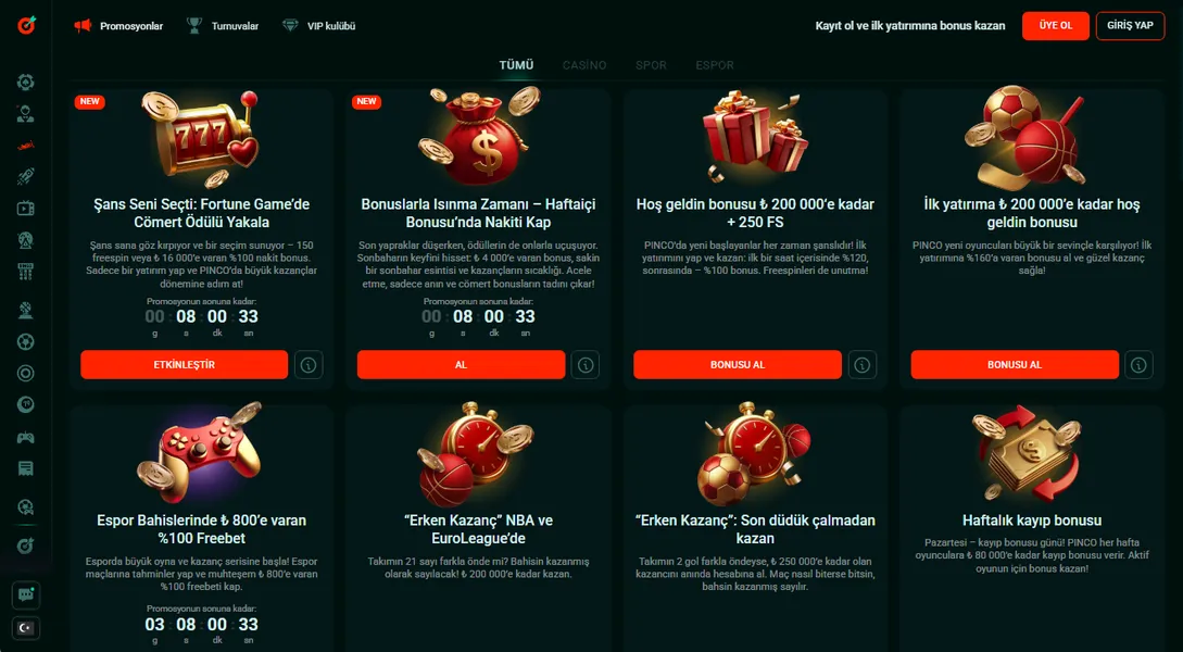 Pinco bonuslar ve promosyon fırsatları